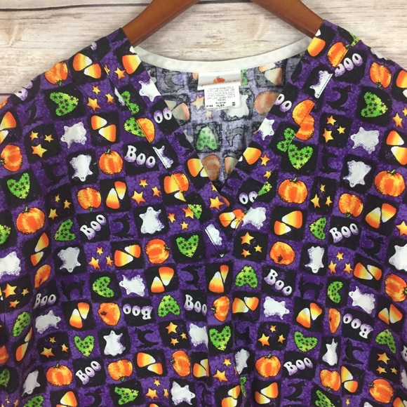 Peaches Halloween Scrub Top Purple Ghost Pumpkin M - Picture 3 of 5